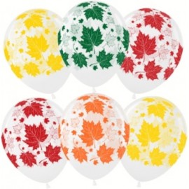 Шар (12''/30 см) Разноцветные листья, Прозрачный, кристалл, 5 ст, 25 шт. 