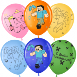 Шар (12''/30 см) С Днем Рождения! Пиксельный Герой, Ассорти, пастель, 2 ст, 25 шт.