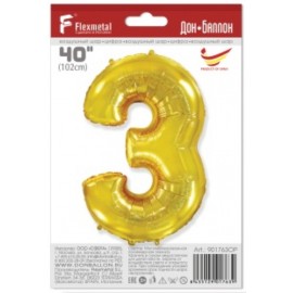 Шар (40''/102 см) Цифра, 3, Золото, 1 шт. 