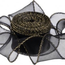 Лента декоративная (4 см*9,14 м) Органза с леской, Золотая кайма, Черный, 1 шт. 