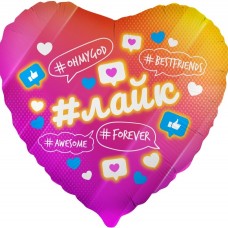 Шар (18''/46 см) Сердце, Лайк, Like #Forever, Розовый, Градиент, 1 шт. в уп. 