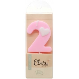 Свеча Цифра, 2 Белое сердечко, Розовый, 4,5 + 4 см, 1 шт. с держат. 