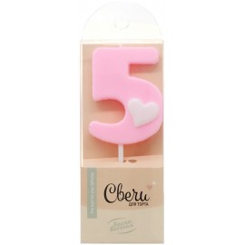 Свеча Цифра, 5 Белое сердечко, Розовый, 4,5 + 4 см, 1 шт. с держат. 