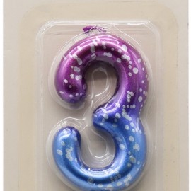 Свеча Цифра, 3 Сияющий космос, Градиент, 6 + 3 см, 1 шт. с держат. 