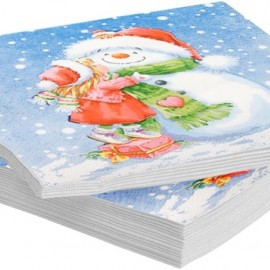 Салфетки, Снеговик и девочка, Голубой, 33*33 см, 20 шт. 