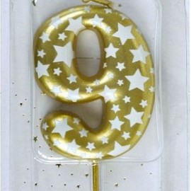 Свеча Цифра, 9 Звездочки, Золото, 4,3 см, 1 шт 