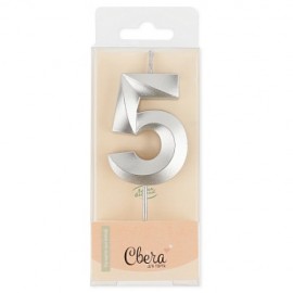 Свеча Цифра, 5 Грани, Серебро, Металлик, 4,2*6 + 4,5 см, 1 шт. с держат. 