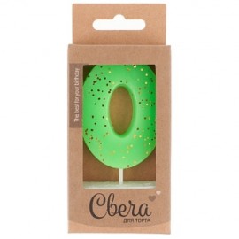 Свеча Цифра, 0 ЭКО, Неон, Зеленый, с блестками, 4*6 + 3 см, 1 шт. с держат. 