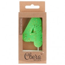 Свеча Цифра, 4 ЭКО, Неон, Зеленый, с блестками, 4*6 + 3 см, 1 шт. с держат. 