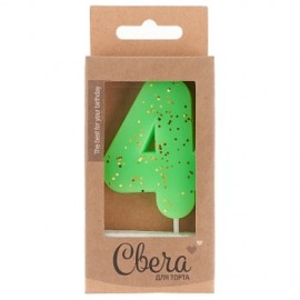 Свеча Цифра, 4 ЭКО, Неон, Зеленый, с блестками, 4*6 + 3 см, 1 шт. с держат. 