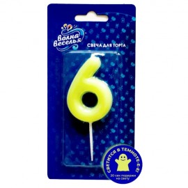 Свеча Цифра, 6 Люминесцентная, Флуор, 3,5*8,5 см, 1 шт. с держат. 