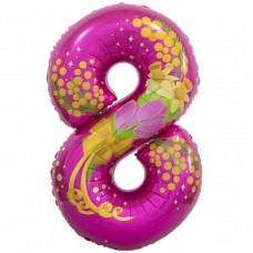 Шар (34''/86 см) Цифра, 8 Марта, Цветы, Фуше, 1 шт. в упак. 