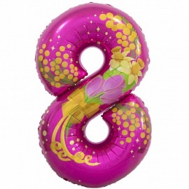 Шар (34''/86 см) Цифра, 8 Марта, Цветы, Фуше, 1 шт. в упак. 