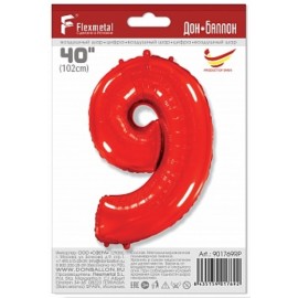 Шар (40''/102 см) Цифра, 9, Красный, 1 шт. в упак. 