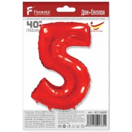 Шар (40''/102 см) Цифра, 5, Красный, 1 шт. в упак. 