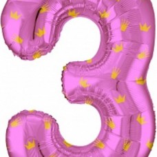 Шар (34''/86 см) Цифра, 3 Золотые короны, Розовый, 1 шт. в упак. 