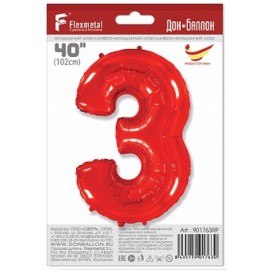 Шар (40''/102 см) Цифра, 3, Красный, 1 шт. 