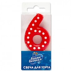 Свеча Цифра, 6 Белые точки, Красный, 4,3 см, 1 шт. 