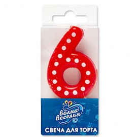 Свеча Цифра, 6 Белые точки, Красный, 4,3 см, 1 шт. 